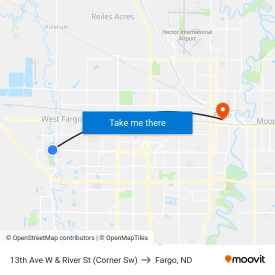 13th Ave W & River St (Corner Sw) to Fargo, ND map