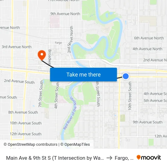 Main Ave & 9th St S (T Intersection by Walgreens) to Fargo, ND map