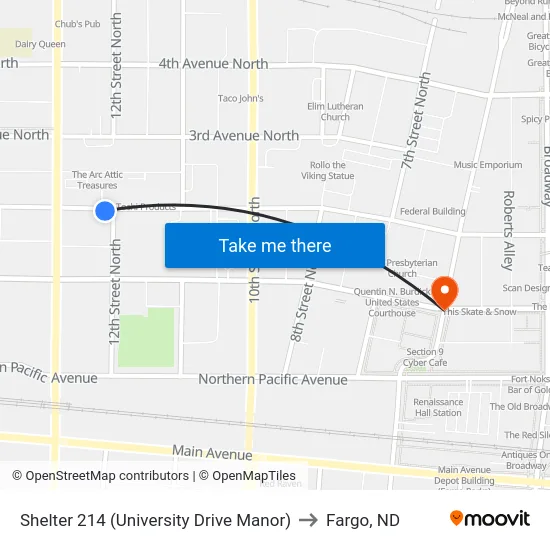 Shelter 214 (University Drive Manor) to Fargo, ND map
