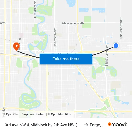 3rd Ave NW & Midblock by 9th Ave NW (South) to Fargo, ND map