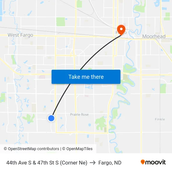 44th Ave S & 47th St S (Corner Ne) to Fargo, ND map