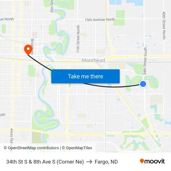 34th St S & 8th Ave S (Corner Ne) to Fargo, ND map