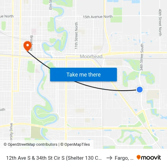 12th Ave S & 34th St Cir S (Shelter 130 Corner Se) to Fargo, ND map