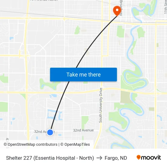 Shelter 227 (Essentia Hospital - North) to Fargo, ND map
