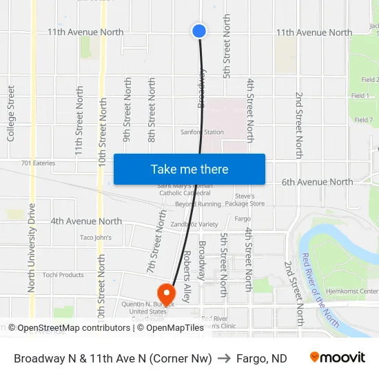 Broadway N & 11th Ave N (Corner Nw) to Fargo, ND map