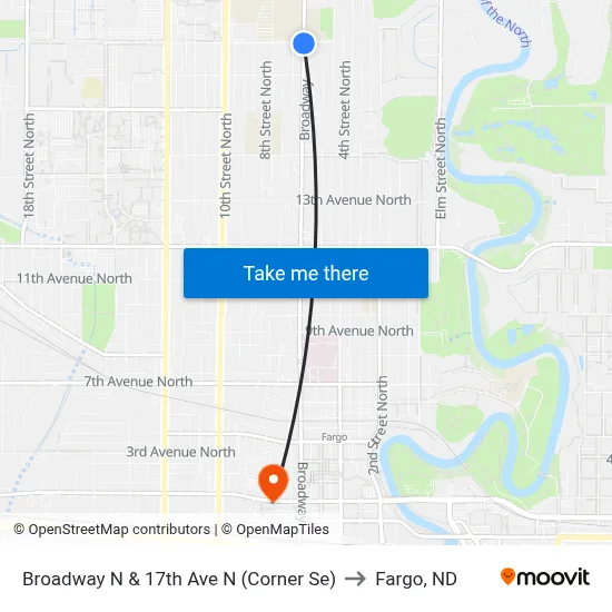 Broadway N & 17th Ave N (Corner Se) to Fargo, ND map