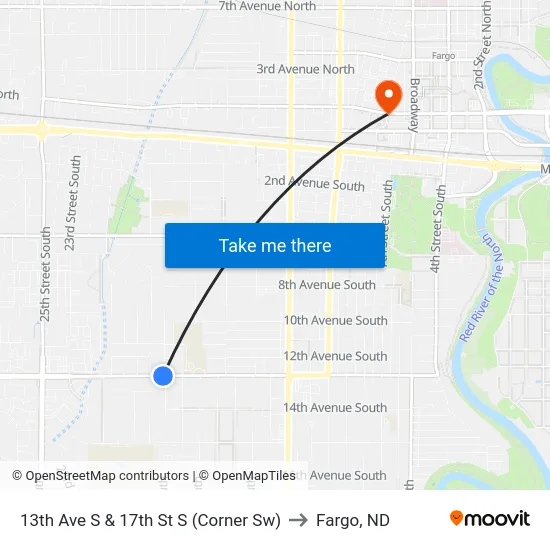 13th Ave S & 17th St S (Corner Sw) to Fargo, ND map