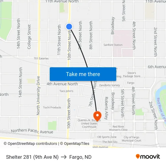 Shelter 281 (9th Ave N) to Fargo, ND map