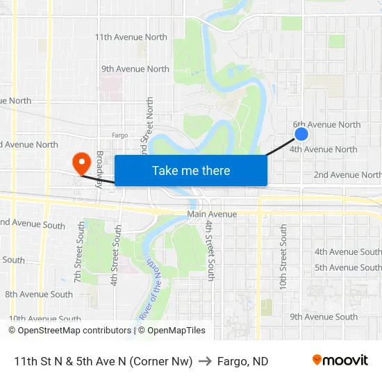 11th St N & 5th Ave N (Corner Nw) to Fargo, ND map