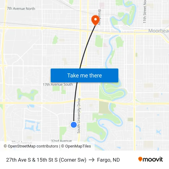 27th Ave S & 15th St S (Corner Sw) to Fargo, ND map