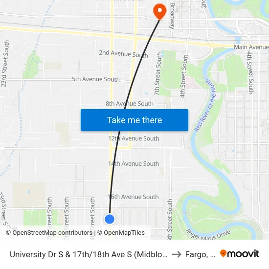 University Dr S & 17th/18th Ave S (Midblock West) to Fargo, ND map