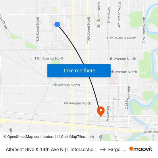 Albrecht Blvd & 14th Ave N (T Intersection West) to Fargo, ND map