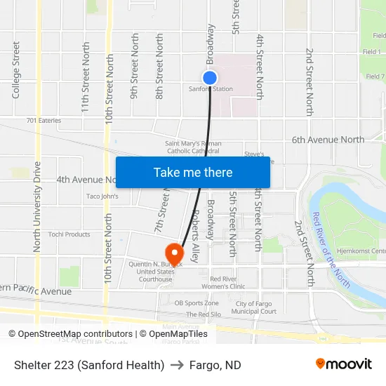 Shelter 223 (Sanford Health) to Fargo, ND map