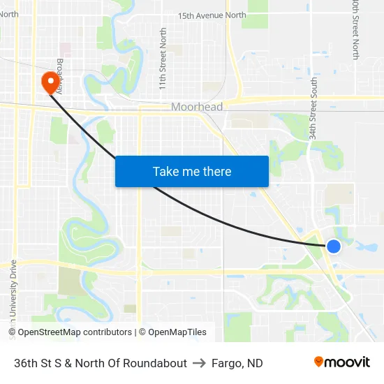 36th St S & North Of Roundabout to Fargo, ND map