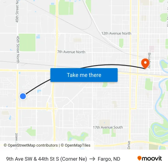 9th Ave SW & 44th St S (Corner Ne) to Fargo, ND map