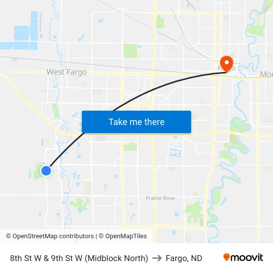 8th St W & 9th St W (Midblock North) to Fargo, ND map