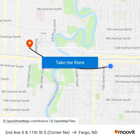 2nd Ave S & 11th St S (Corner Ne) to Fargo, ND map