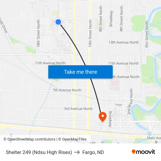 Shelter 249 (Ndsu High Rises) to Fargo, ND map