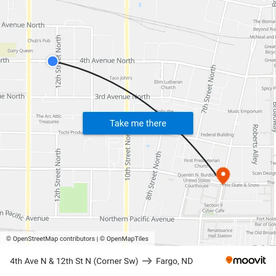 4th Ave N & 12th St N (Corner Sw) to Fargo, ND map