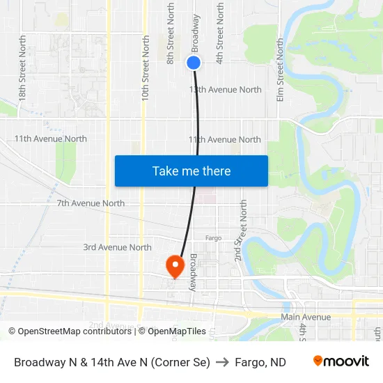 Broadway N & 14th Ave N (Corner Se) to Fargo, ND map