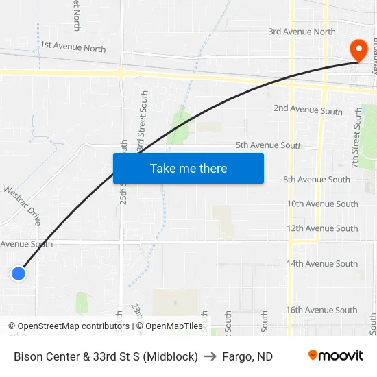 Bison Center & 33rd St S (Midblock) to Fargo, ND map