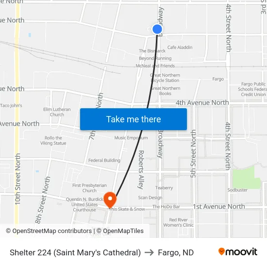 Shelter 224 (Saint Mary's Cathedral) to Fargo, ND map