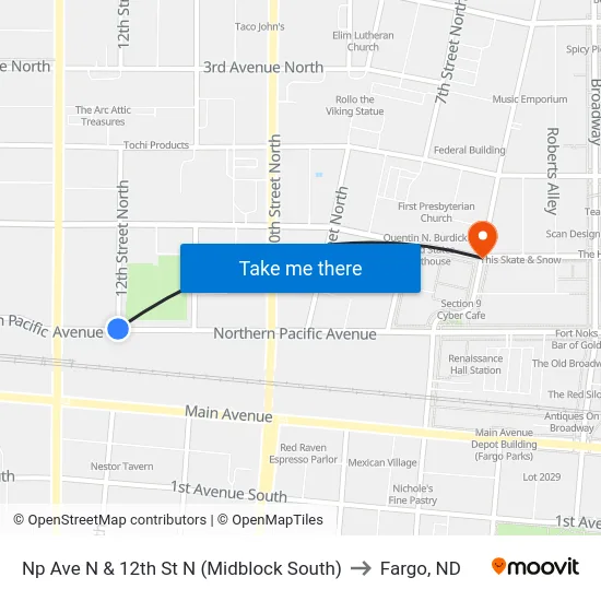 Np Ave N & 12th St N (Midblock South) to Fargo, ND map