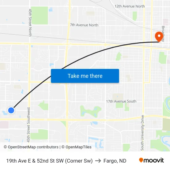 19th Ave E & 52nd St SW (Corner Sw) to Fargo, ND map