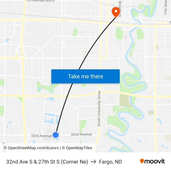 32nd Ave S & 27th St S (Corner Ne) to Fargo, ND map