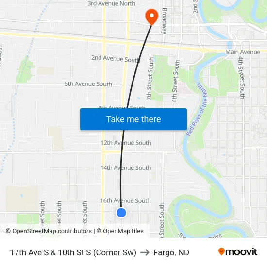 17th Ave S & 10th St S (Corner Sw) to Fargo, ND map