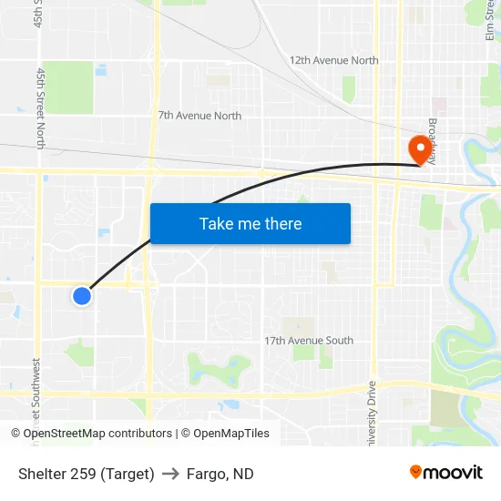 Shelter 259 (Target) to Fargo, ND map