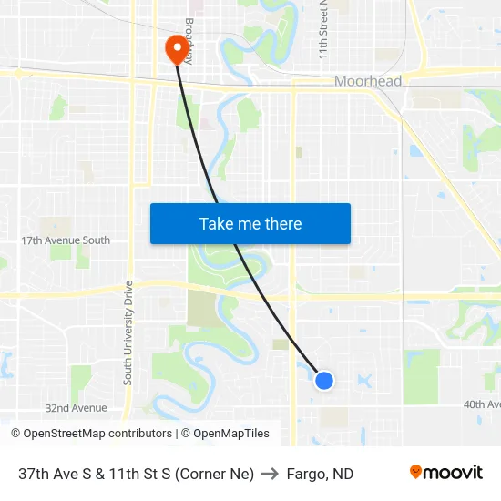 37th Ave S & 11th St S (Corner Ne) to Fargo, ND map