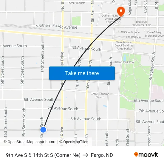 9th Ave S & 14th St S (Corner Ne) to Fargo, ND map