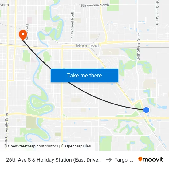 26th Ave S & Holiday Station (East Driveway) to Fargo, ND map