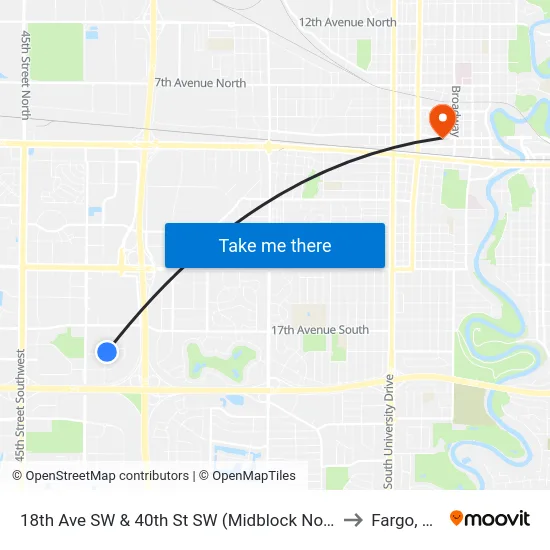 18th Ave SW & 40th St SW (Midblock North) to Fargo, ND map