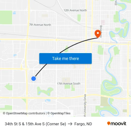 34th St S & 15th Ave S (Corner Se) to Fargo, ND map
