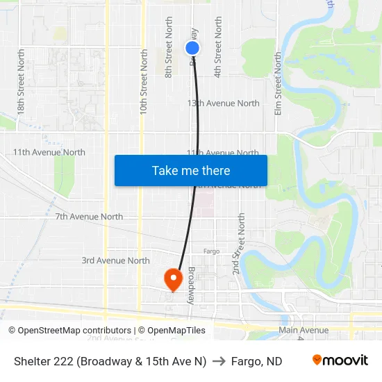 Shelter 222 (Broadway & 15th Ave N) to Fargo, ND map