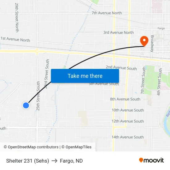 Shelter 231 (Sehs) to Fargo, ND map