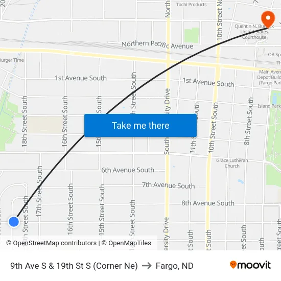 9th Ave S & 19th St S (Corner Ne) to Fargo, ND map
