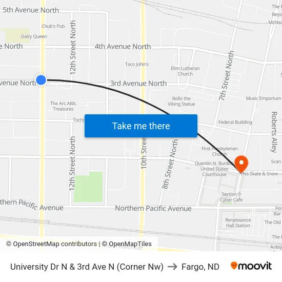 University Dr N & 3rd Ave N (Corner Nw) to Fargo, ND map
