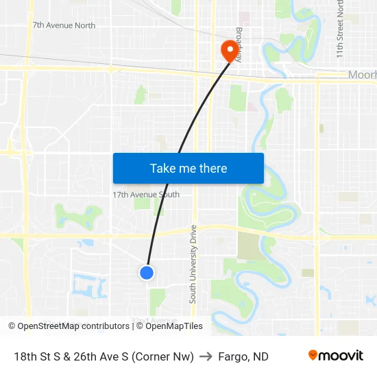 18th St S & 26th Ave S (Corner Nw) to Fargo, ND map