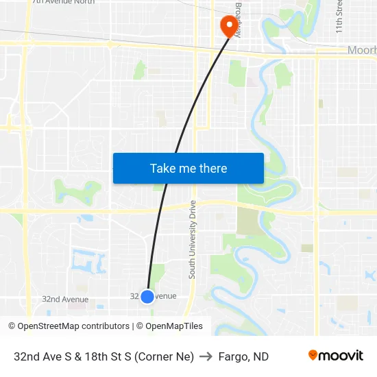 32nd Ave S & 18th St S (Corner Ne) to Fargo, ND map