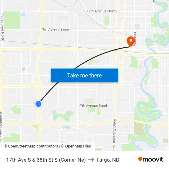 17th Ave S & 38th St S (Corner Ne) to Fargo, ND map
