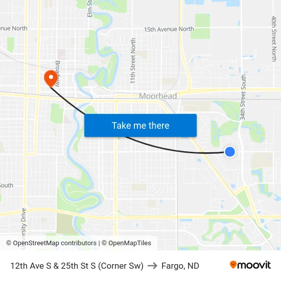12th Ave S & 25th St S (Corner Sw) to Fargo, ND map