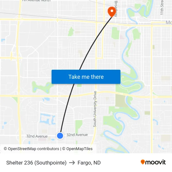 Shelter 236 (Southpointe) to Fargo, ND map