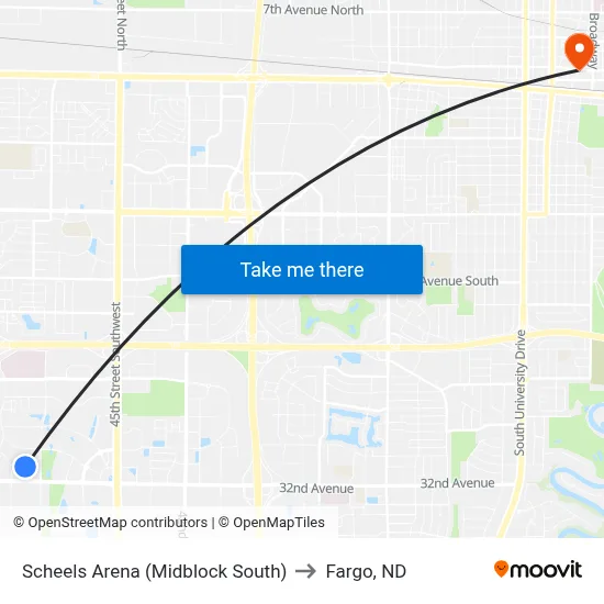 Scheels Arena (Midblock South) to Fargo, ND map