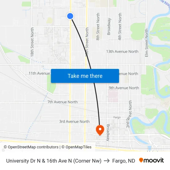 University Dr N & 16th Ave N (Corner Nw) to Fargo, ND map