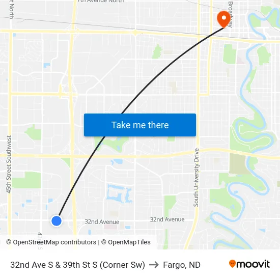 32nd Ave S & 39th St S (Corner Sw) to Fargo, ND map