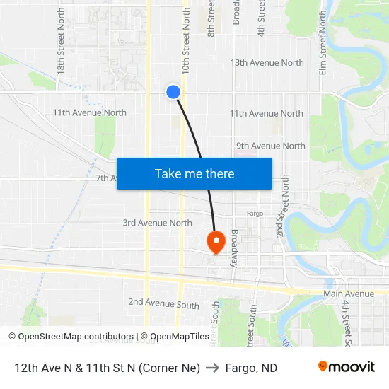 12th Ave N & 11th St N (Corner Ne) to Fargo, ND map