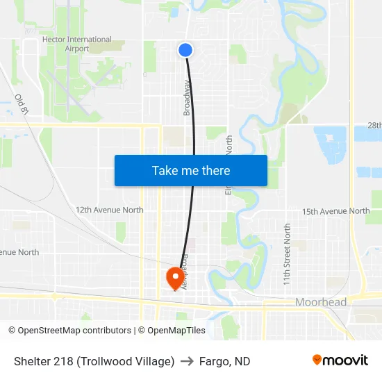 Shelter 218 (Trollwood Village) to Fargo, ND map